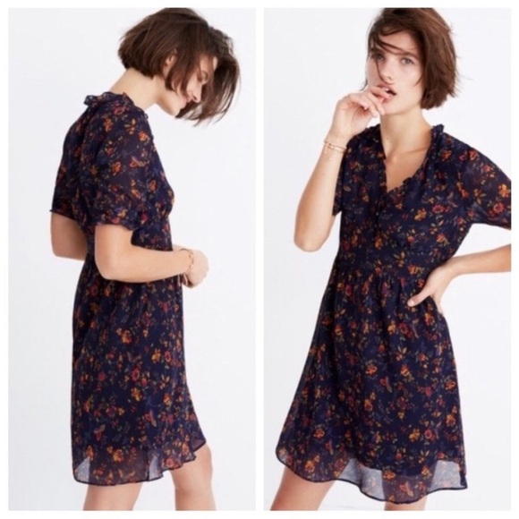 Madewell Freesia Floral Flutter Ruffled Dress in Climbing Vine Size 8 Navy Blue - Picture 1 of 16